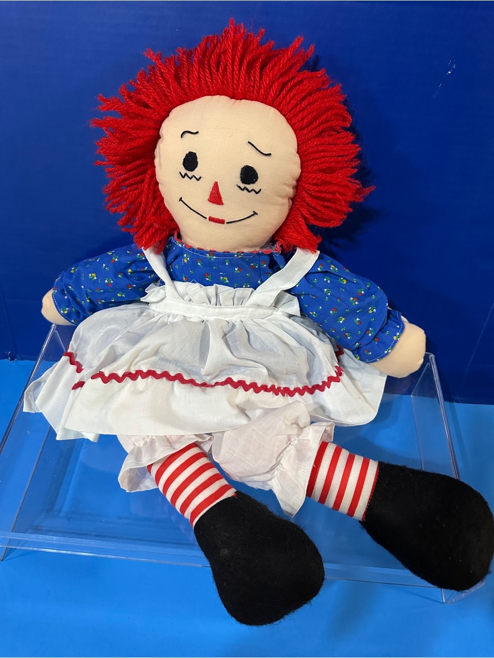 Raggedy Ann Vintage Classic Ragdoll Large Size 27” Blue Calico Dress & Apron